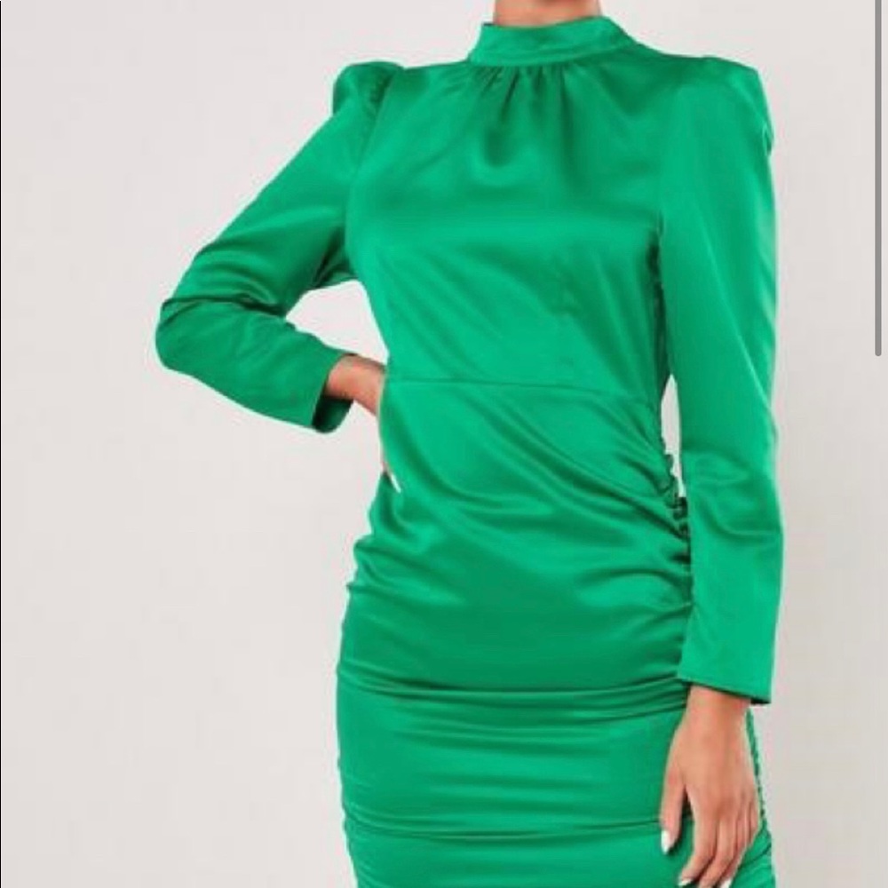 NEW - Satin green high neck ruched mini 80’ dress